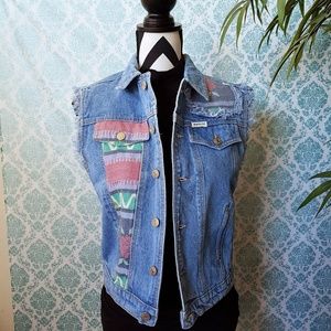 VTG GUESS Denim Vest Frayed Distressed Patches L